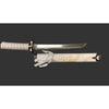 Decorative sword with white sheath featuring dragon designs on a black background