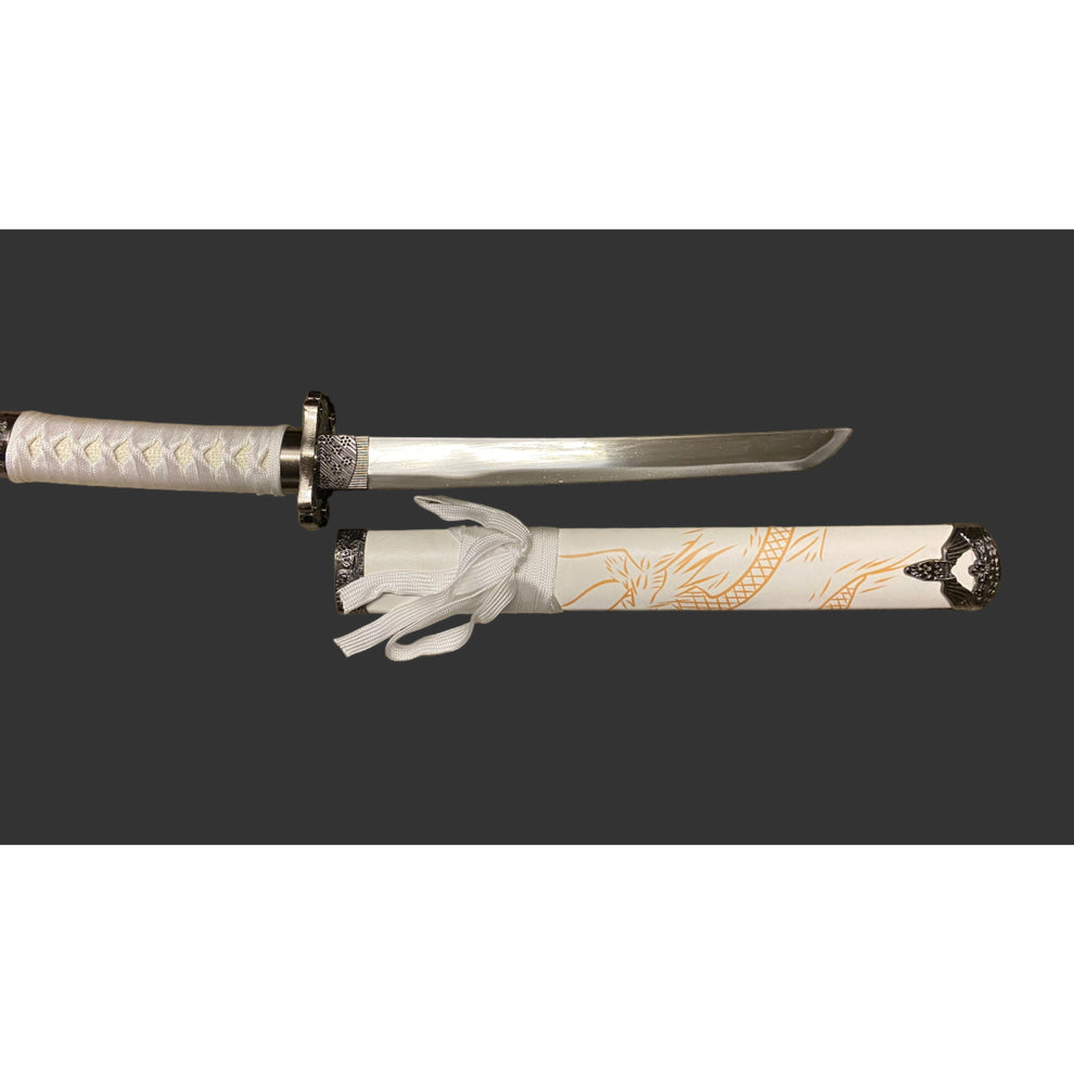 Decorative sword with white sheath featuring dragon designs on a black background