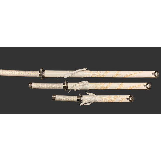 Set of white swords with gold accents on a black background