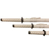 Three white swords with black handles on a white background