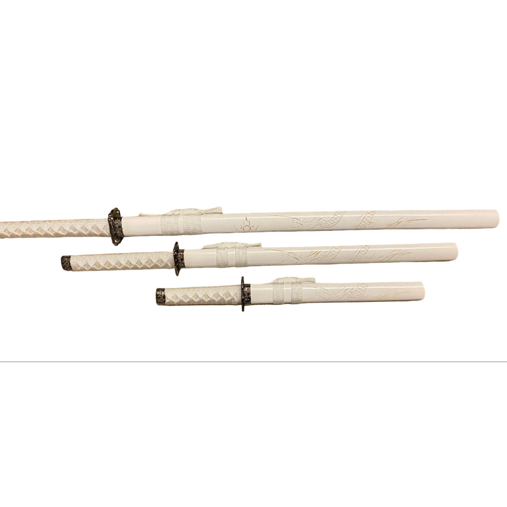 Set of three white swords with black hilts on a white background