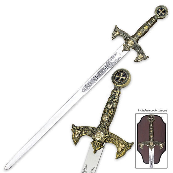 Decorative sword with intricate designs on a white background