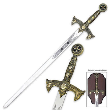 Decorative sword with intricate designs on a white background