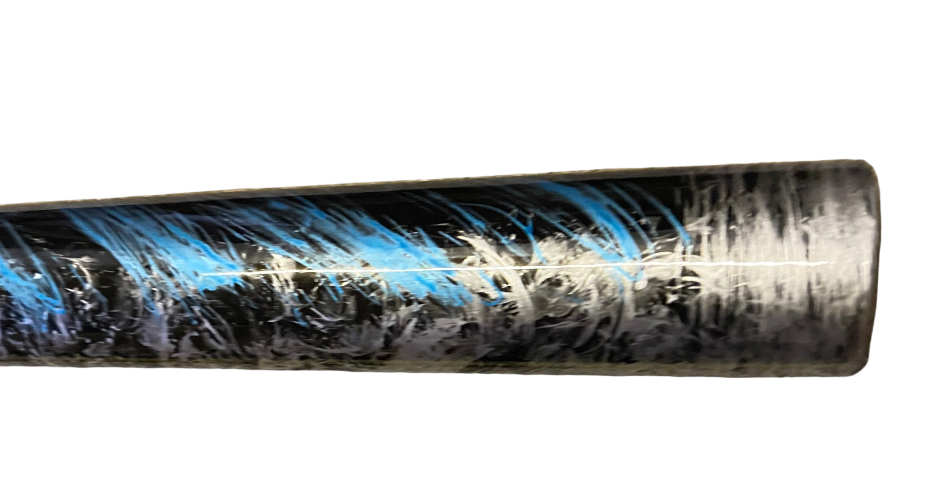 Fishing rod handle with blue and black pattern on a white background