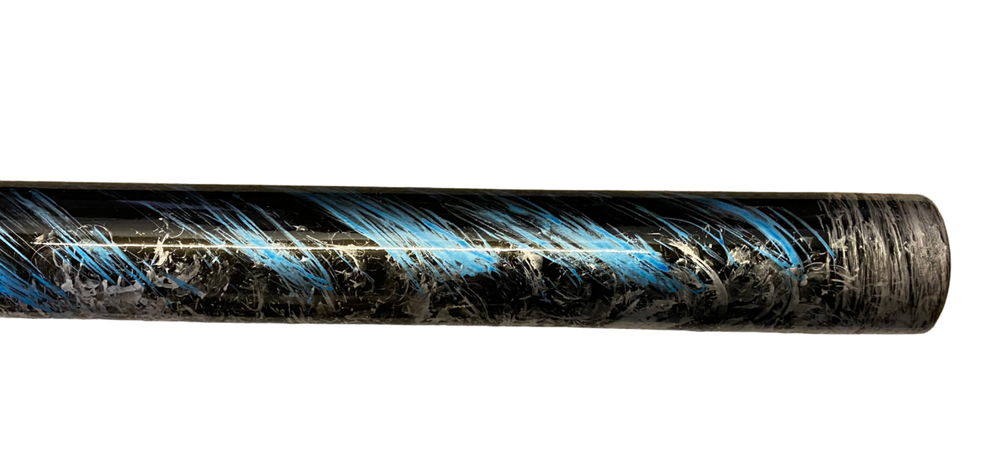 Close-up of a textured black and blue rod on a white background