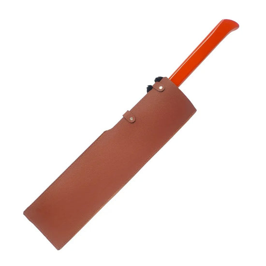 A tan leather sheath containing a bright orange-handled knife, shown diagonally on a plain white background.