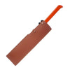 A tan leather sheath containing a bright orange-handled knife, shown diagonally on a plain white background.