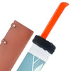 A decorative sword with a bright orange handle, a black faux-fur wrapped guard, and a blue-and-white patterned blade, shown next to its brown leather sheath on a white background.