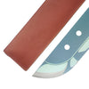 A curved machete-style knife blade with a blue, green, and white abstract pattern, shown next to its brown leather sheath on a white background.