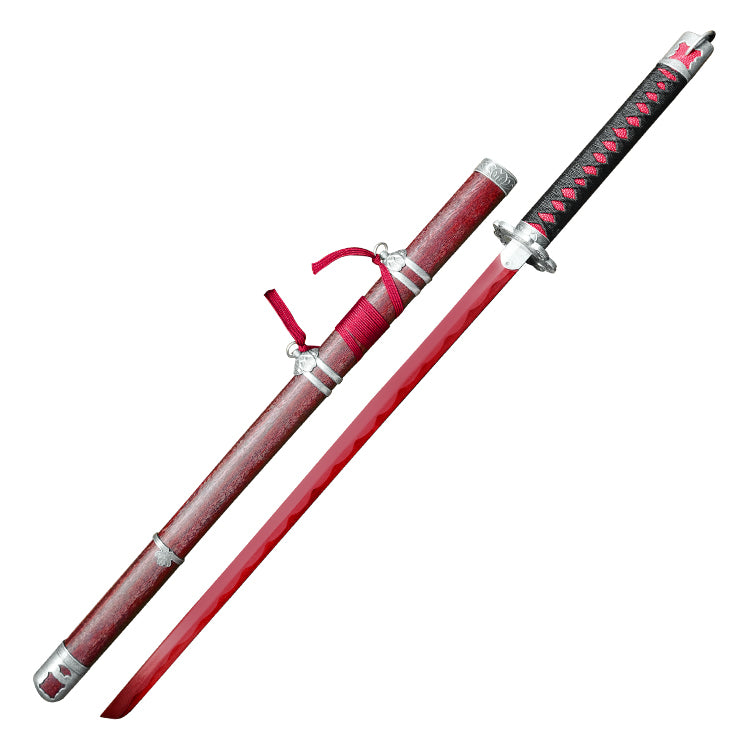 A replica sword with a red blade and a wooden sheath, designed for decorative or ornamental use.
