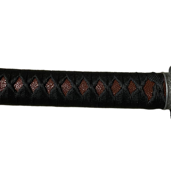 Sword with a black and red handle on a white background