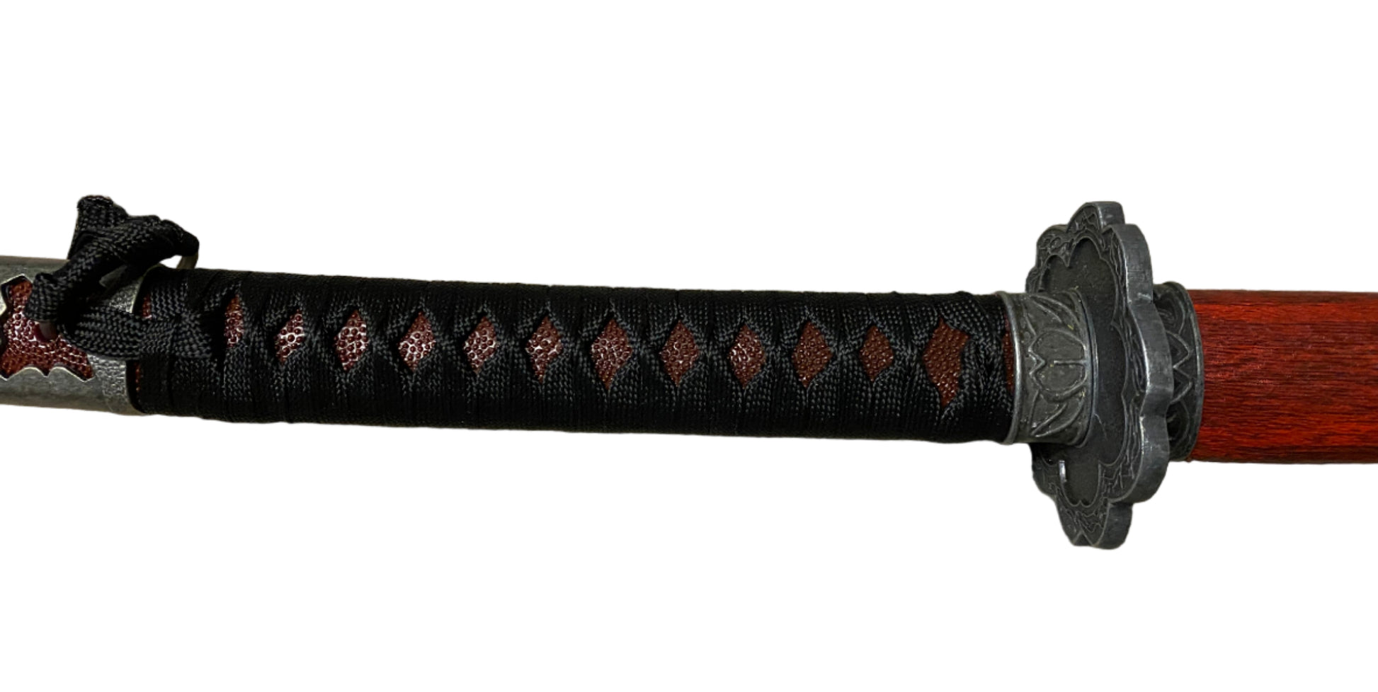 Sword with a black and red handle on a white background