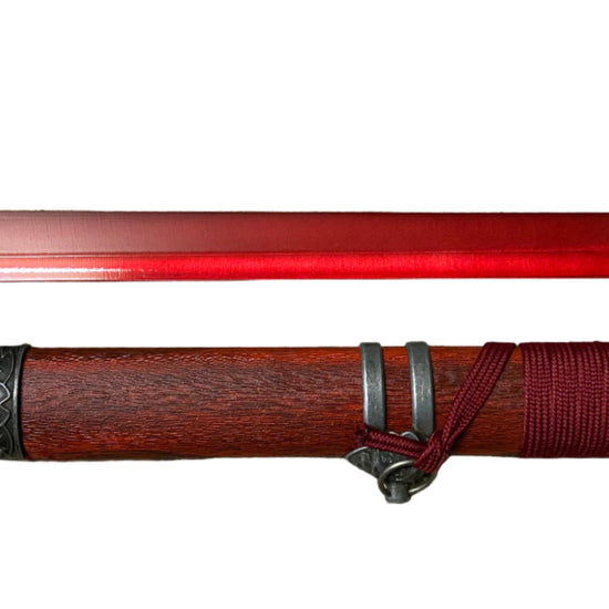 Sword with red blade and wooden sheath on a white background