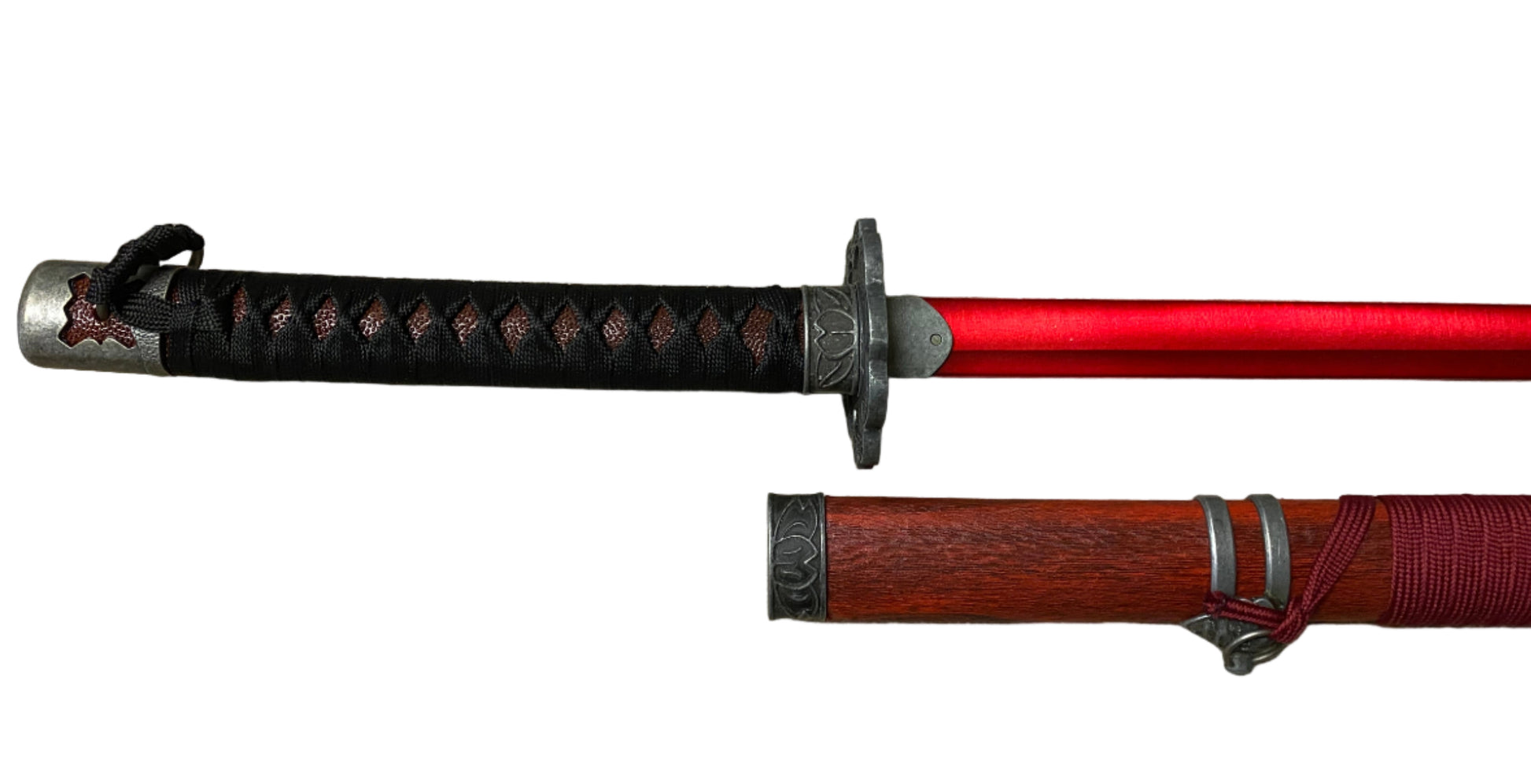 Sword with a red blade and wooden sheath on a white background