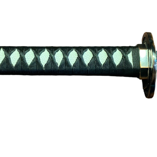 Sword with decorative handle and blade on a white background