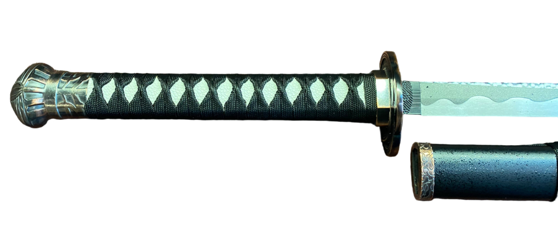 Sword with decorative handle and blade on a white background