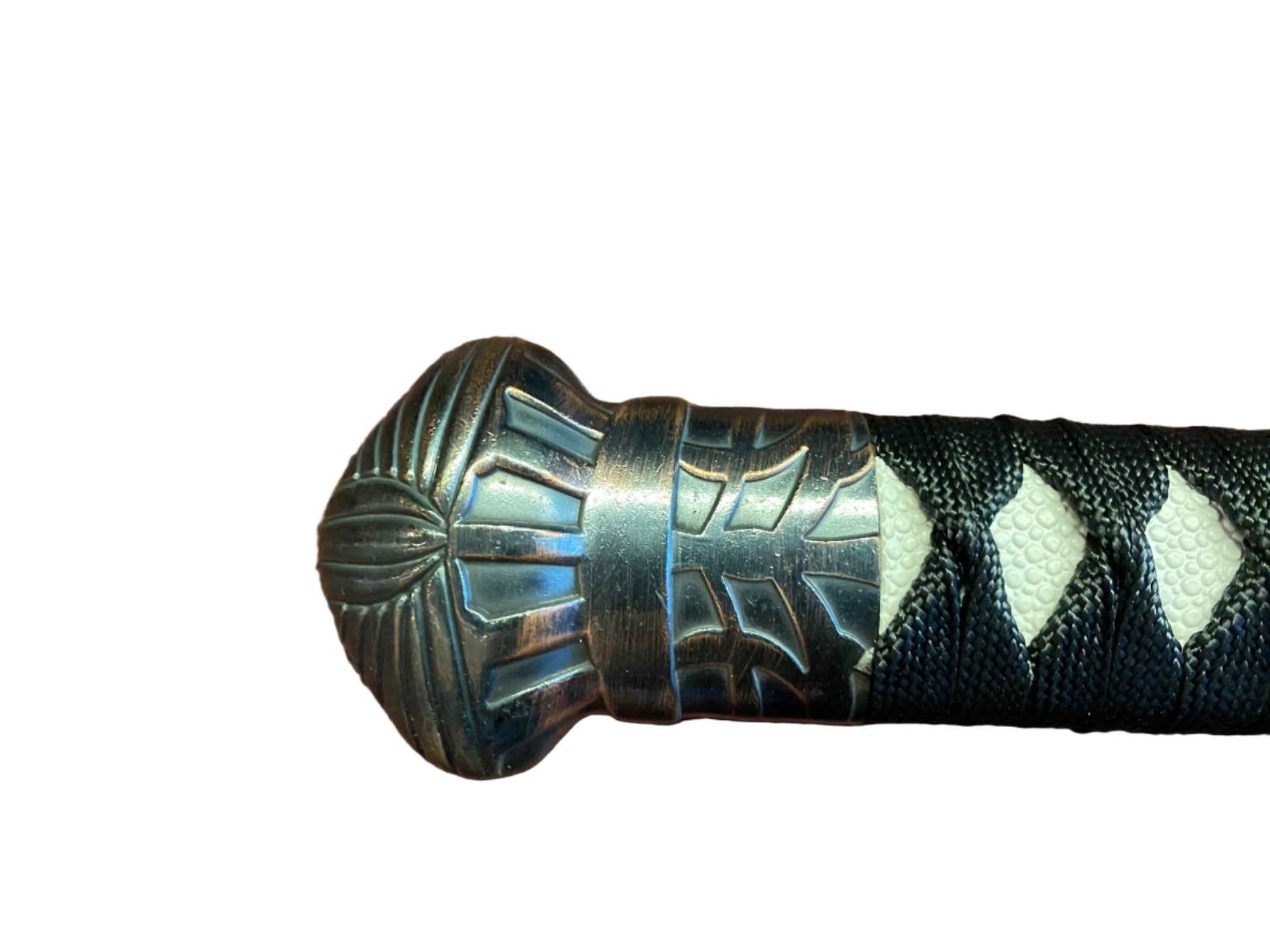 Decorative handle with metallic and black design on a white background