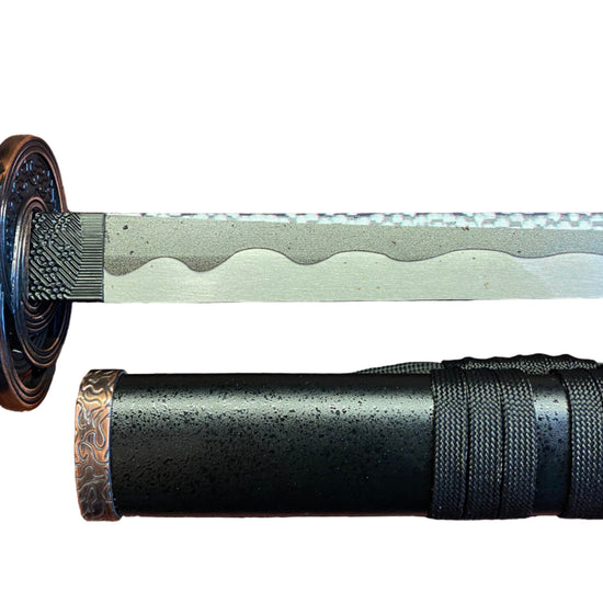 Sword with black handle and silver blade on a white background