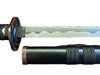 Sword with black handle and silver blade on a white background