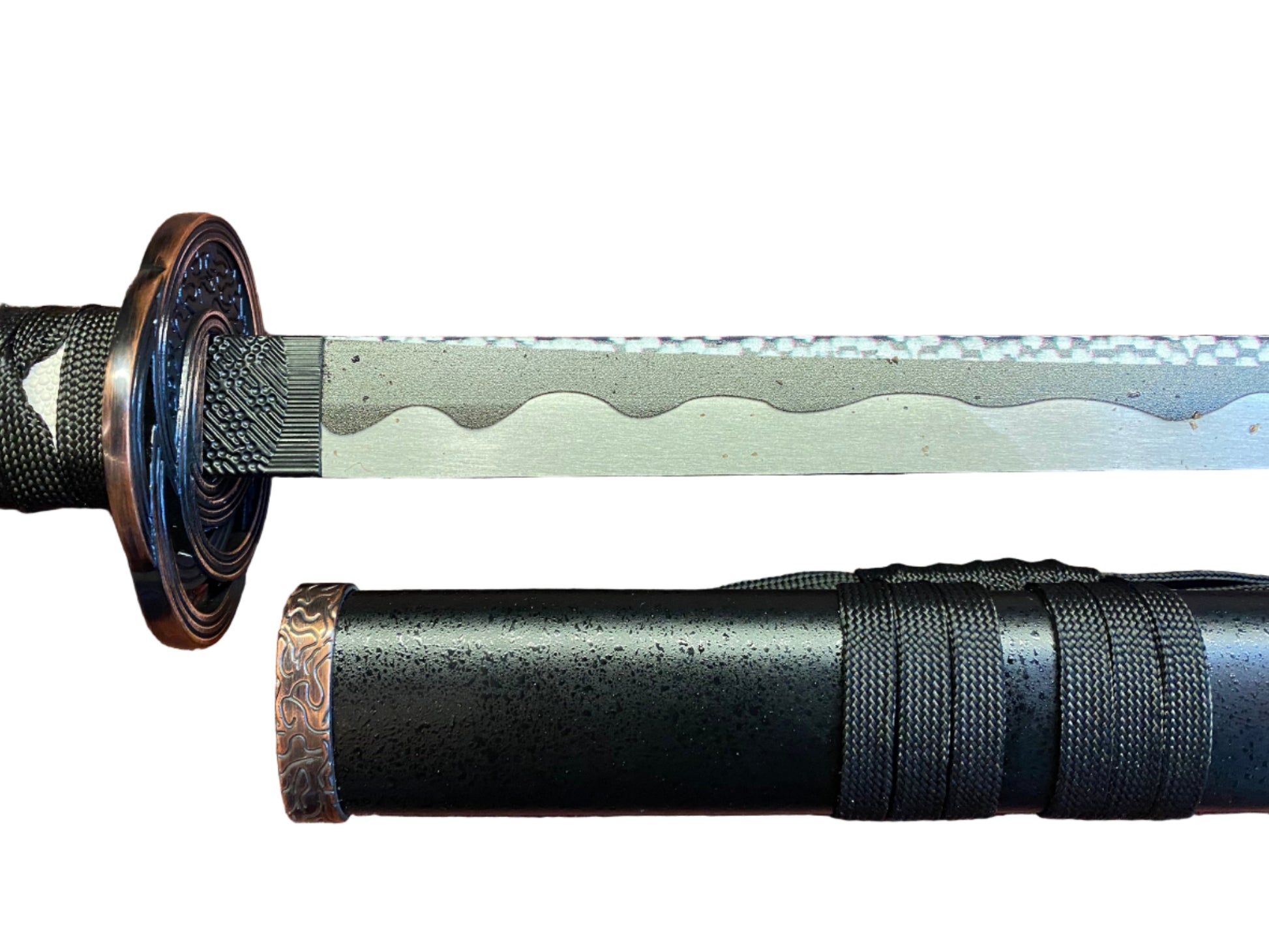 Sword with black handle and silver blade on a white background