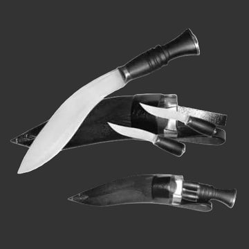 Two kukri knives with sheaths on a white background
