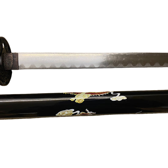 Sword with decorative handle and blade on a white background