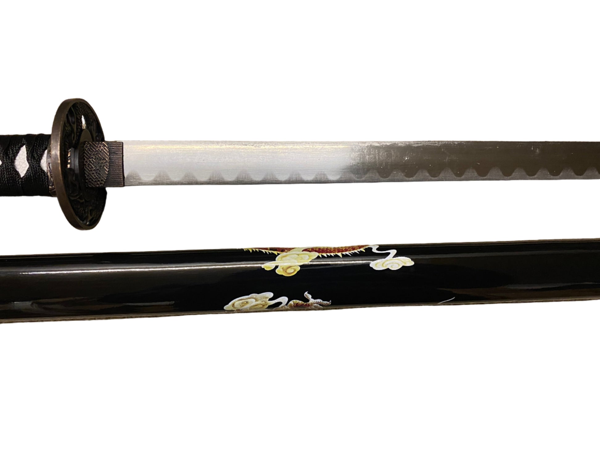 Sword with decorative handle and blade on a white background