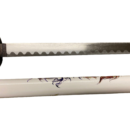 Sword with a white blade and black handle on a white background