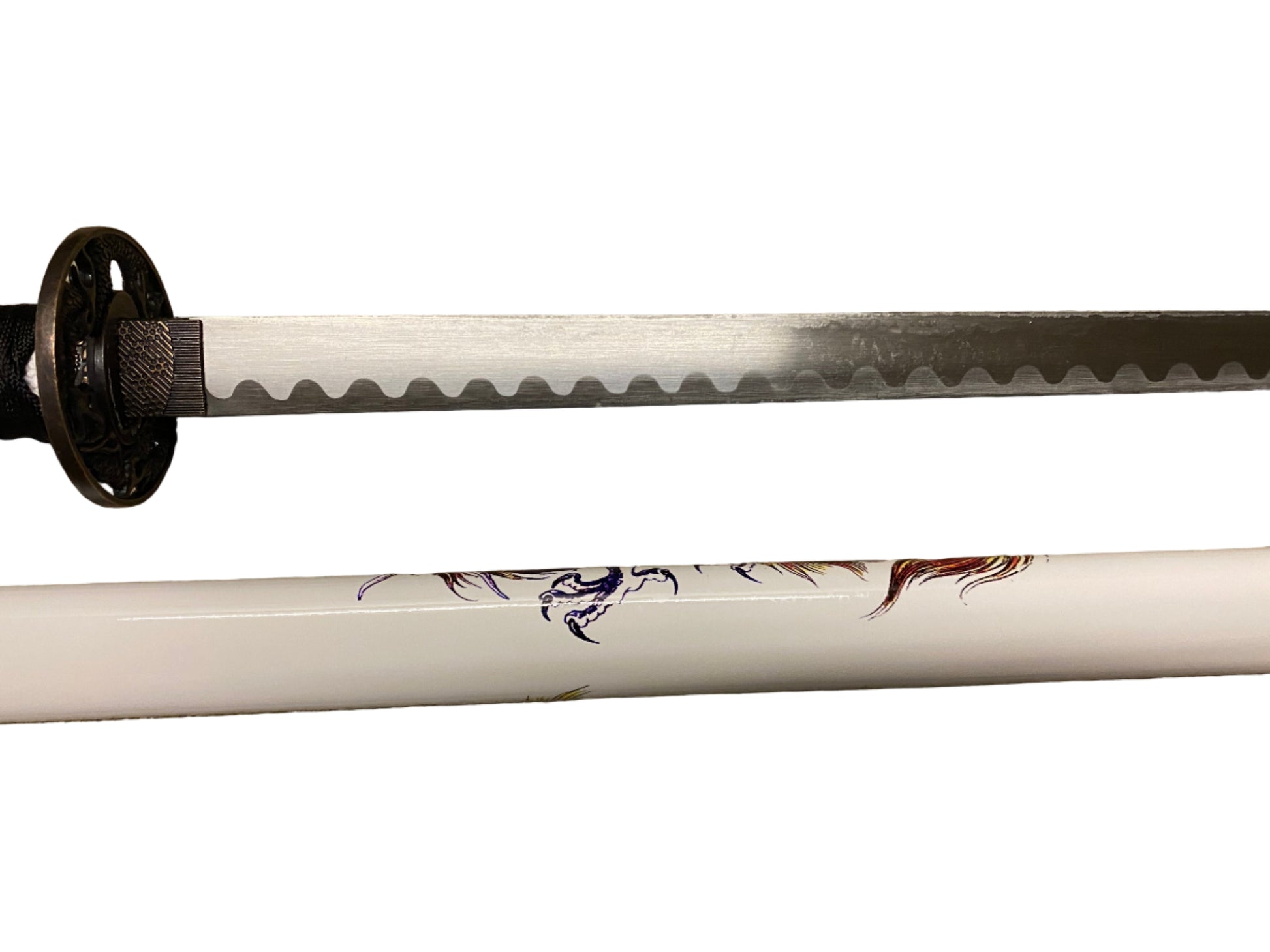 Sword with a white blade and black handle on a white background