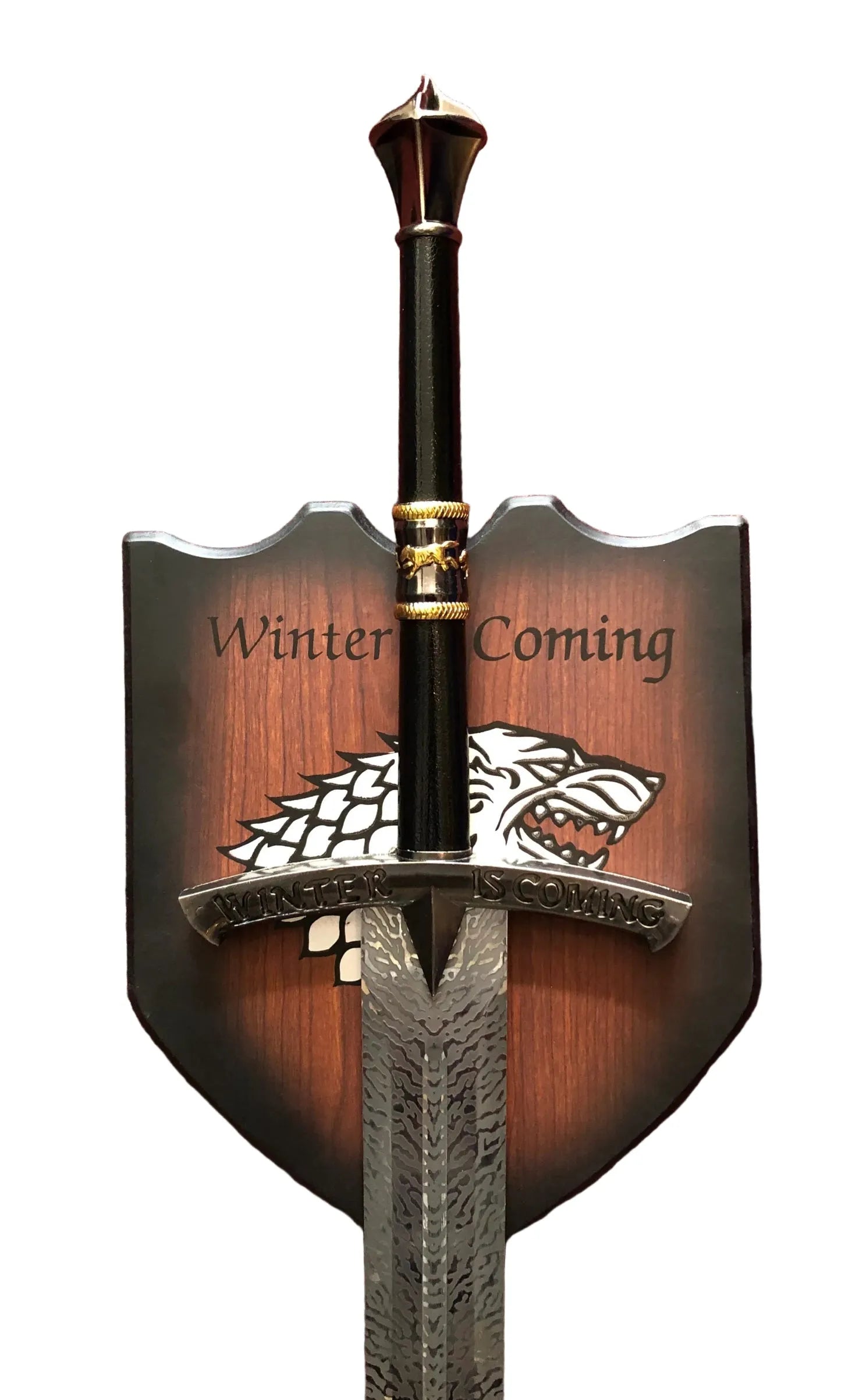 Decorative sword with 'Winter is Coming' and a wolf emblem on a white background