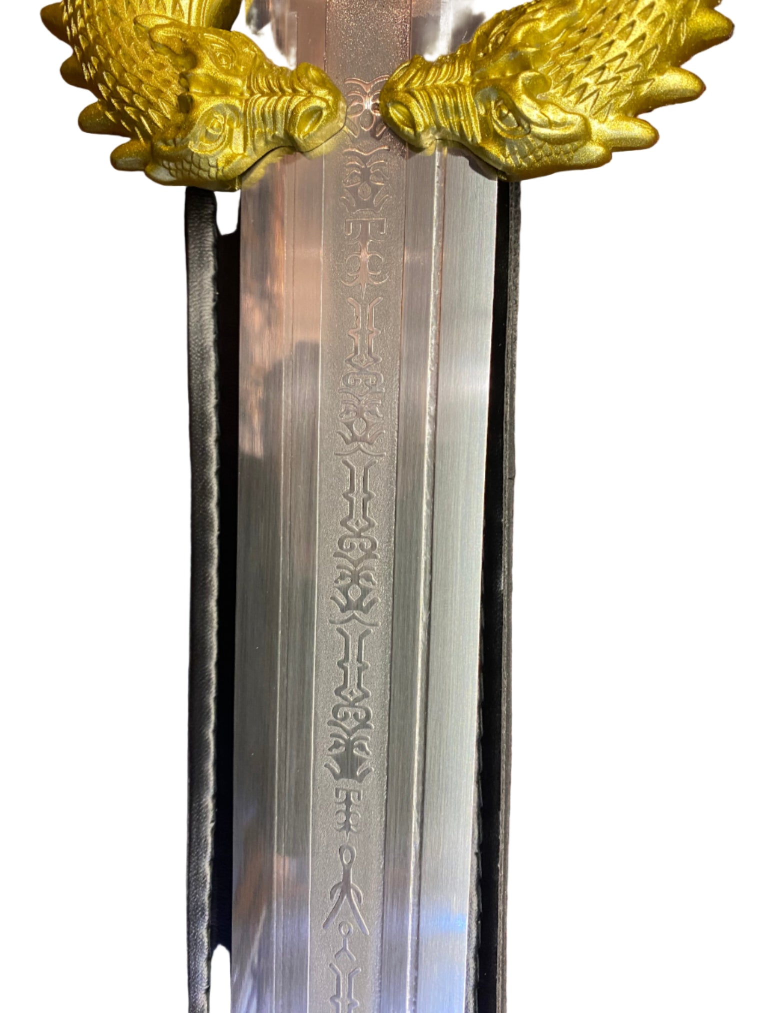 Decorative sword with gold winged hilt on a white background