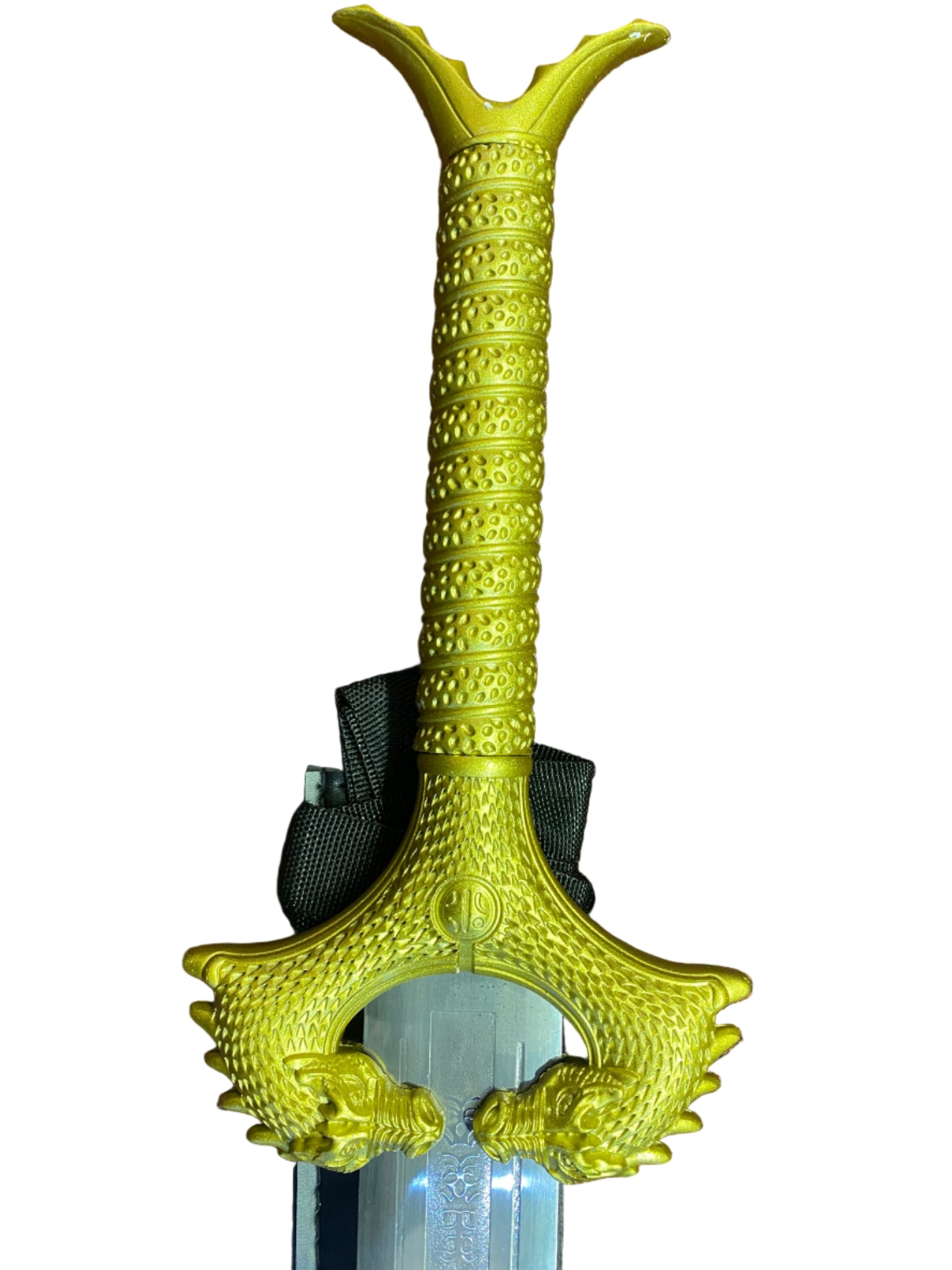 Decorative sword with a bright yellow handle on a white background