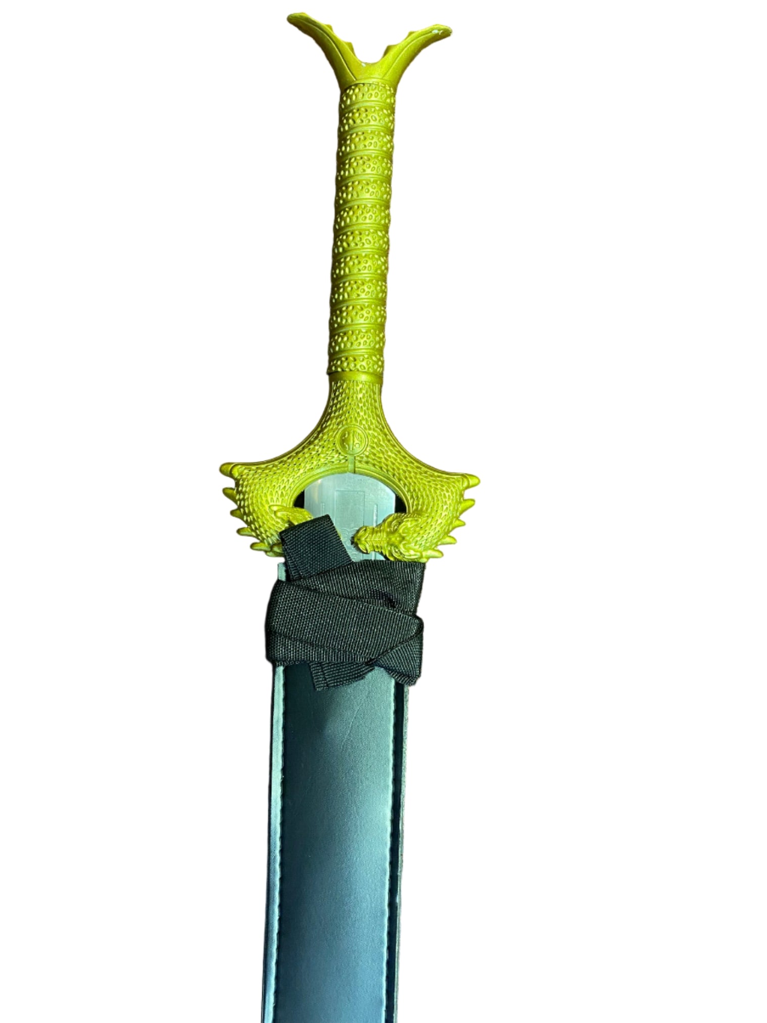 Sword with a green dragon-like hilt on a white background