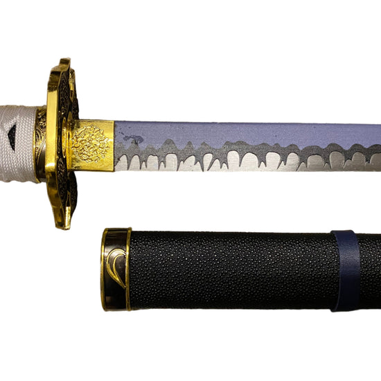 Sword with gold guard and black sheath on a white background