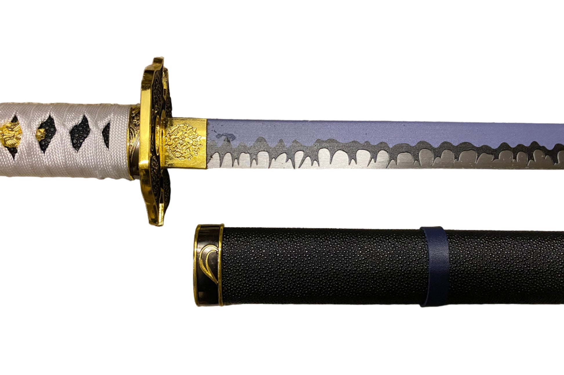 Sword with gold guard and black sheath on a white background