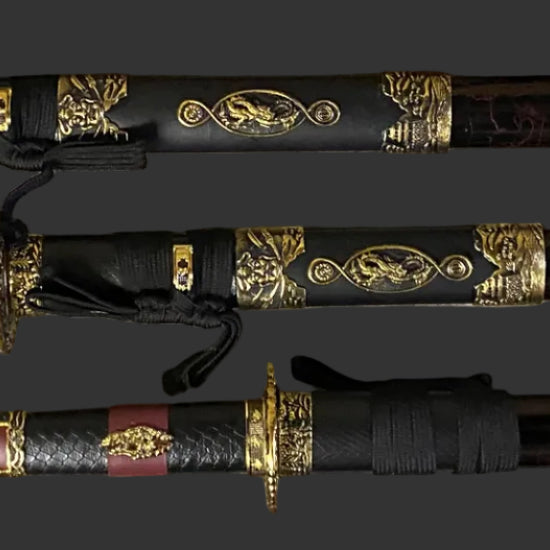 Three ornate swords with decorative sheaths on a dark background