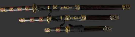 Three ornate swords with decorative sheaths on a dark background