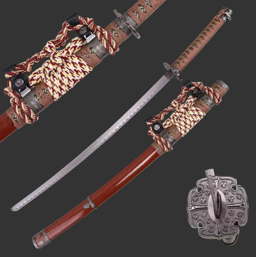 Sword with brown sheath and decorative elements on a white background