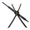 Black and gold sword with multiple blades on a white background