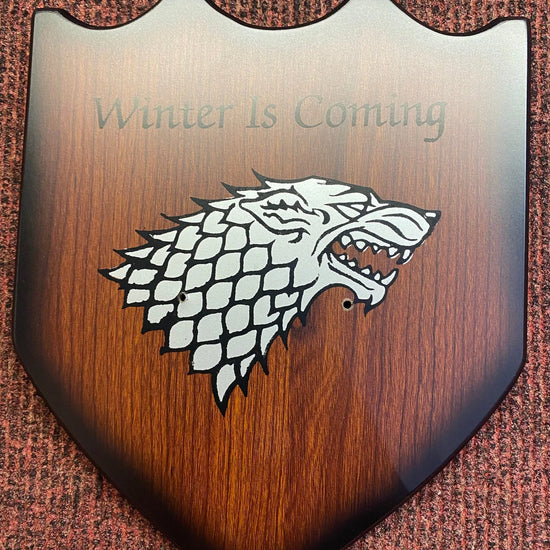 Wooden shield with a wolf head emblem and 'Winter Is Coming' text on a brown background