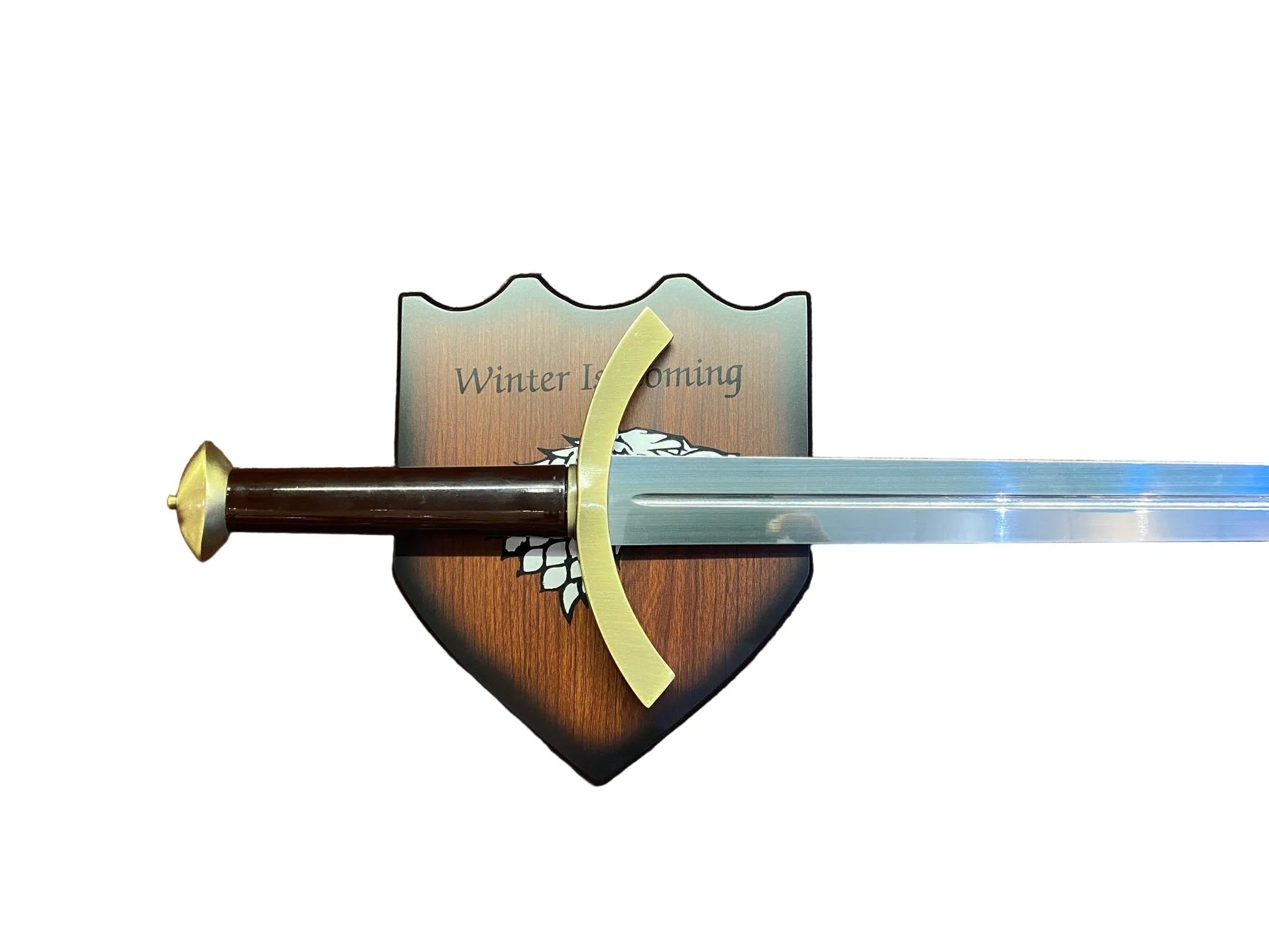 Sword with a wooden handle and gold accents on a white background
