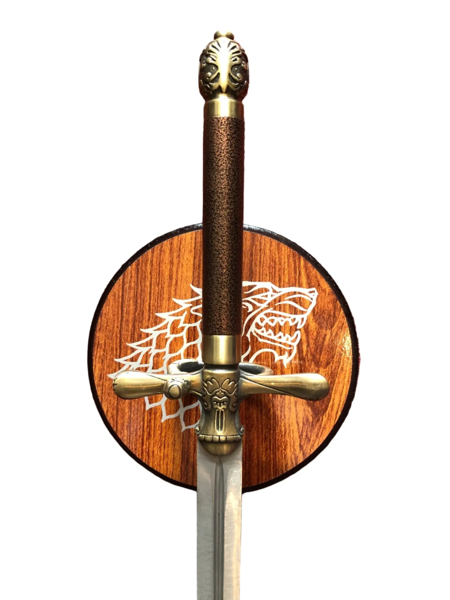 Decorative sword with wooden sheath featuring a dragon emblem on a white background
