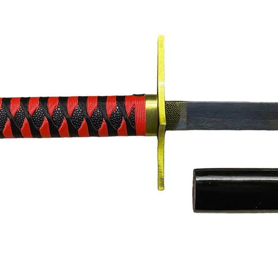 Sword with red and black striped handle and sheath on a white background