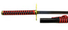 Sword with red and black striped handle and sheath on a white background