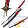 Sword with red and black handle and gold accents on a white background