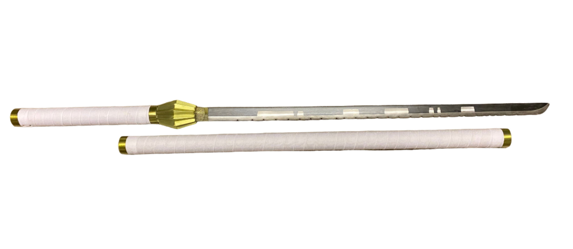 sword handle with gold accents on a white surface