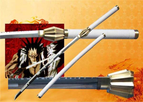 A replica katana sword with a white handle and silver-colored guard, displayed in front of a graphic of the character Kenpachi Zaraki from the anime Bleach.