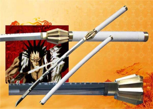 A replica katana sword with a white handle and silver-colored guard, displayed in front of a graphic of the character Kenpachi Zaraki from the anime Bleach.