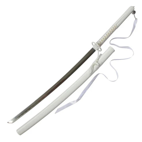 A replica of Rukia Sode No Shirayuki's katana sword from the anime Bleach, featuring a stainless steel blade with a white hilt and a white ribbon on the pommel.