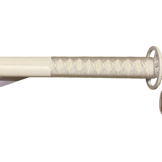Sword with decorative white sheath on a white background